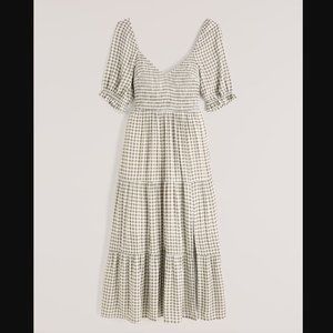 Abercrombie Short-Sleeve Smocked Gingham Checkered Green Midi Dress, XS